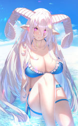 Rule 34 | 1girl, :o, bare arms, bare shoulders, bikini, blue bikini, blue sky, breasts, cleavage, cloud, commentary request, commission, day, demon horns, eyes visible through hair, feet out of frame, frilled bikini, frills, grey hair, hair between eyes, highres, horns, knee up, large breasts, long hair, original, outdoors, parted lips, pointy ears, purple eyes, sitting, skeb commission, sky, solo, swimsuit, very long hair, yuuji (yukimimi)