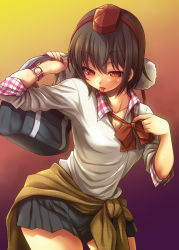 Rule 34 | 1girl, :p, alternate costume, bag, black hair, blush, breasts, cleavage, hat, holding, looking at viewer, plaid, pom pom (clothes), red eyes, shameimaru aya, short hair, shoulder bag, simple background, skirt, solo, tokin hat, tongue, tongue out, touhou, uousa-ou