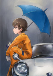 Rule 34 | 10s, 1girl, bad id, bad pixiv id, brown eyes, brown hair, car, from side, girls und panzer, gloves, highres, holding, jumpsuit, mazda, mazda cosmo, motor vehicle, nakajima (girls und panzer), on vehicle, orange jumpsuit, overalls, rain, shoes, short hair, sitting, smile, solo, solokov (okb-999), umbrella, vehicle, very short hair