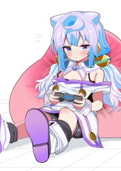 Rule 34 | 1boy, bare shoulders, bean bag chair, bike shorts, blue eyes, blue hair, blush, commentary request, controller, detached collar, expressionless, game controller, hacka doll, hacka doll 3, highres, holding, holding controller, holding game controller, long hair, looking at viewer, male focus, notice lines, parted lips, reclining, shoes, sitting, solo, trap, yashiro ryo