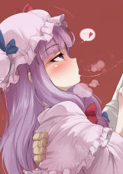 Rule 34 | 1girl, ario, blunt bangs, blush, bow, breath, capelet, female focus, hat, heart, long hair, patchouli knowledge, profile, purple eyes, purple hair, red background, saliva, saliva trail, solo, solo focus, spoken heart, thought bubble, touhou, upper body