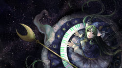 Rule 34 | 1girl, blue cape, blue hat, blue skirt, cape, commentary, commentary request, crescent print, english commentary, fingernails, floating hair, from above, ghost tail, green eyes, green hair, green nails, hat, highres, instrument, keyboard (instrument), kyogoku-uru, lace, lace-trimmed skirt, lace trim, lips, long fingernails, long hair, long sleeves, looking at viewer, looking up, mima (touhou), mixed-language commentary, nail polish, parted lips, shirt, sitting, skirt, slit pupils, solo, space, staff, star (sky), star (symbol), sun symbol, thick eyebrows, touhou, touhou (pc-98), very long hair, white shirt, wizard hat, yellow neckwear