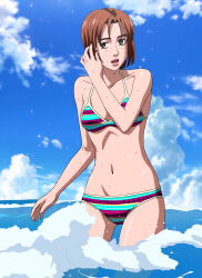 Rule 34 | 1girl, absurdres, beach, bikini, breasts, brown eyes, brown hair, cleavage, collarbone, highres, initial d, medium breasts, navel, ocean, screencap, side-tie bikini bottom, stitched, stomach, swimsuit, thighs, third-party edit, uehara mika, water, wet, wet clothes, wet swimsuit