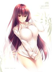 Rule 34 | 1girl, blush, bottomless, breasts, choco chip, clothes pull, collar tug, commentary request, curtains, fate/grand order, fate (series), hair intakes, indoors, large breasts, light blush, long hair, long sleeves, looking at viewer, plant, purple hair, red eyes, ribbed sweater, scathach (fate), see-through, smile, solo, sweater, sweater pull, thighs, turtleneck, turtleneck sweater