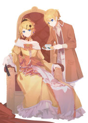 Rule 34 | 1boy, 1girl, absurdres, allen avadonia, ascot, bare shoulders, blonde hair, blue eyes, bow, brooch, brother and sister, brown pants, brown vest, choker, collarbone, collared jacket, collared shirt, dress, dress ribbon, earrings, frilled dress, frilled sleeves, frills, gem, giwama, hair ornament, hair ribbon, hairclip, hand fan, high ponytail, highres, holding, holding fan, hunched over, jacket, jewelry, kagamine len, kagamine rin, leaning forward, long sleeves, looking at another, looking at viewer, off-shoulder dress, off shoulder, orange bow, orange jacket, orange ribbon, pants, petticoat, puffy sleeves, red gemstone, ribbon, riliane lucifen d&#039;autriche, shirt, short ponytail, siblings, sidelocks, sideways glance, sitting on throne, smile, swept bangs, throne, twins, updo, vest, vocaloid, wide sleeves, yellow choker, yellow dress