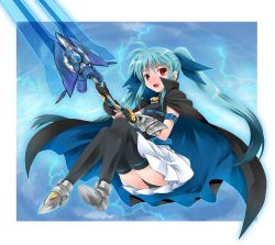 Rule 34 | 1girl, belt bra, black thighhighs, blue eyes, blue hair, blush, cape, long hair, lyrical nanoha, mahou shoujo lyrical nanoha, mahou shoujo lyrical nanoha a&#039;s, mahou shoujo lyrical nanoha a&#039;s portable: the battle of aces, matching hair/eyes, levi the slasher, michii yuuki, solo, sword, thighhighs, twintails, vulnificus, weapon