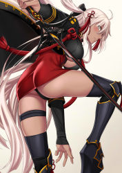 Rule 34 | 1girl, ahoge, ass, black bow, blush, bow, breasts, dark-skinned female, dark skin, fate/grand order, fate (series), from behind, hair between eyes, hair bow, hair ornament, highres, holding, holding sword, holding weapon, katana, large breasts, long hair, looking at viewer, looking back, okita souji (fate), okita souji alter (fate), scarf, solo, sword, thighhighs, very long hair, weapon, white hair, yellow eyes, zaregoto tsukai no deshi