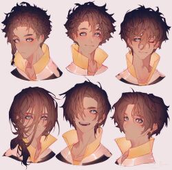 Rule 34 | 1boy, absurdres, alternate hairstyle, black hair, claude von riegan, collared shirt, earrings, ennec0, facing viewer, fire emblem, fire emblem: three houses, highres, jewelry, looking at viewer, multiple views, nintendo, open mouth, shirt, smile