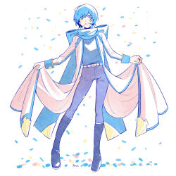 Rule 34 | 1boy, belt, blue eyes, blue hair, blue nails, blue scarf, boots, coat, commentary, confetti, full body, hair between eyes, happy, highres, kaito (vocaloid), kaito (vocaloid3), knee boots, long sleeves, looking at viewer, male focus, nail polish, open clothes, open coat, pants, parted lips, scarf, shirt, short hair, signature, simple background, smile, solo, soup dumplin, standing, vocaloid, white background, white coat
