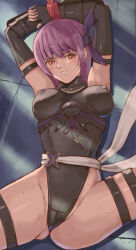 Rule 34 | 1girl, armpits, ayane (doa), blush, breasts, covered erect nipples, dead or alive, dead or alive 5, headband, leg up, looking at viewer, lying, medium breasts, on back, popo agaga, purple hair, red eyes, short hair, simple background, solo, tecmo, teeth