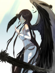 Rule 34 | 1girl, absurdres, armlet, bare shoulders, black feathers, black hair, black wings, breasts, chain, closed eyes, detached sleeves, dress, feathered wings, feathers, hand up, highres, long hair, long sleeves, mabinogi, medium breasts, morrighan, namu (namuuuuuu1224), parted bangs, parted lips, solo, standing, very long hair, white dress, white sleeves, wings, wristlet