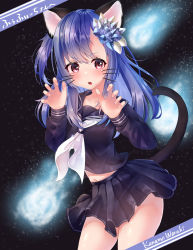 Rule 34 | 1girl, animal ear fluff, animal ears, arms up, artist name, black shirt, black skirt, cat ears, cat tail, claw pose, crystal, elin, hair ornament, highres, kaname warabi, leaning forward, long hair, midriff, miniskirt, navel, open mouth, purple hair, red eyes, school uniform, serafuku, shirt, side ponytail, skirt, solo, tail, tera online, thighs, whiskers, wind, wind lift