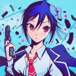 Rule 34 | &gt;:(, 10s, 1girl, artist name, blue background, blue bow, blue hair, blue jacket, blue shirt, blurry, blush, bow, buttons, cartridge case, collarbone, collared shirt, dress shirt, finger on trigger, frown, gun, hair between eyes, hair bow, handgun, holding, holding gun, holding weapon, ilya kuvshinov (style), jacket, jacket on shoulders, light smile, long sleeves, looking at viewer, magazine (weapon), md5 mismatch, necktie, nisekoi, open clothes, open jacket, pistol, qosic, red eyes, red necktie, resized, resolution mismatch, shirt, silhouette, simple background, smile, solo, source smaller, spring (object), tsugumi seishirou, tsurime, upper body, upscaled, v-shaped eyebrows, weapon