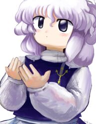 Rule 34 | 1girl, closed mouth, cupping hands, dot mouth, hands up, highres, lapel pin, letty whiterock, light blush, light purple hair, long sleeves, looking at viewer, medium hair, own hands together, purple eyes, purple hair, purple vest, shirt, simple background, solo, touhou, upper body, vest, white background, white shirt, yakumora n, zun (style)