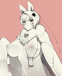 Rule 34 | 1girl, animal ears, blush, breast curtains, breasts, commentary request, covered erect nipples, feathered wings, hair between eyes, hair ornament, harpy, huge breasts, looking at viewer, missgestalt, monster girl, navel, neck ruff, original, red background, short hair, thick eyebrows, winged arms, wings