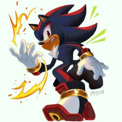 Rule 34 | 1boy, artist name, boots, clenched teeth, commentary, dated, english commentary, fire, frown, furry, furry male, gloves, gold ring, hand up, highres, jewelry, leg up, looking at viewer, male focus, red eyes, ring, shadow the hedgehog, sideways glance, simple background, solo, sonic (series), spacecolonie, standing, standing on one leg, star (symbol), teeth, v-shaped eyebrows, white background, white footwear, white gloves, yellow pupils