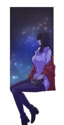 Rule 34 | 1girl, black hair, blanket, blunt bangs, book, collared shirt, commentary, futo (hbnn328), high heels, holding, holding book, invisible chair, medium hair, nico robin, one piece, pants, shirt, sitting, sky, solo, star (sky), starry sky