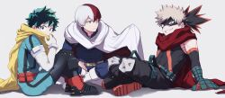 Rule 34 | 3boys, alternate hair color, aqua bodysuit, arm on thigh, armpit peek, baggy pants, bakugou katsuki, belt, belt pouch, black footwear, black mask, black pants, black tank top, blue eyes, blue pants, boku no hero academia, boots, burn scar, cape, cape grab, clothes grab, colored shoe soles, combat boots, commentary request, covered mouth, covered navel, cross-laced footwear, detached sleeves, explosive, eye mask, eyebrows hidden by hair, freckles, from side, full body, gloves, gradient hair, green belt, green eyes, green gloves, green hair, grenade, grey eyes, grey hair, grin, hair between eyes, hand on floor, hand on ground, hand up, headgear, heterochromia, high collar, highres, indian style, knee boots, knee pads, knees up, leaning back, looking at hand, looking at viewer, looking to the side, male focus, maneki-neko (fujifuji), midoriya izuku, multicolored hair, multiple boys, official alternate costume, orange gloves, pants, parted hair, partial commentary, pouch, red cape, red eyes, red hair, sanpaku, scar, scar on face, shadow, shoe soles, short hair, sideways mouth, simple background, sitting, smile, spiked hair, split-color hair, straight hair, tank top, todoroki shouto, toned, toned male, turning head, two-sided cape, two-sided fabric, two-tone gloves, two-tone hair, uneven eyes, white background, white cape, white footwear, white gloves, white hair, wrist guards, yellow cape