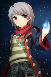 Rule 34 | bad id, bad pixiv id, fire, fire, gs 1st star, jacket, jenevan, jewelry, necklace, open mouth, outstretched hand, plaid, plaid skirt, pleated skirt, red eyes, scarf, short hair, silver hair, skirt, solo, star (symbol), sweater, sword girls, vial