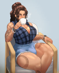 Rule 34 | 1futa, bare shoulders, breasts, brown eyes, brown hair, bulge, cleavage, coffee, curvy, drinking, futanari, jujunaught, large breasts, long hair, looking at viewer, matching hair/eyes, ponytail, sitting, solo, tattoo, thick thighs, thighs