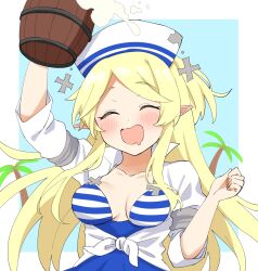 Rule 34 | 1girl, :d, ^ ^, absurdres, alcohol, beer, beer mug, blonde hair, blush, breasts, clenched hand, closed eyes, commentary request, cup, drooling, front-tie top, hat, highres, holding, holding cup, long hair, medium breasts, mouth drool, mug, open mouth, partial commentary, pointy ears, princess connect!, shichimi yutsuki, smile, solo, striped, upper body, yukari (princess connect!), yukari (summer) (princess connect!)