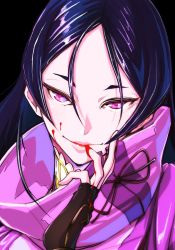 Rule 34 | 1girl, black background, black gloves, blood, blood on face, boushi-ya, fate/grand order, fate (series), fingerless gloves, gloves, looking at viewer, minamoto no raikou (fate), parted bangs, portrait, purple eyes, purple hair, solo