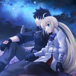 Rule 34 | 1boy, 1girl, ahoge, artoria caster (fate), artoria caster (second ascension) (fate), artoria pendragon (fate), belt, black gloves, black hair, black pantyhose, blue eyes, boots, bow, breasts, buttons, chaldea uniform, closed mouth, cloud, cloudy sky, collared shirt, fate/grand order, fate (series), flower, fujimaru ritsuka (male), fujimaru ritsuka (male) (polar chaldea uniform), gloves, green eyes, grey pants, highres, jacket, long hair, long sleeves, night, night sky, pants, pantyhose, pink flower, purple bow, purple footwear, shirt, shoori (migiha), short hair, skirt, sky, small breasts, smile, star (sky), starry sky, twintails, white shirt, white skirt