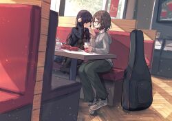 Rule 34 | 2girls, benevole, black hair, black pants, black pantyhose, black sweater, bow, bowtie, brown hair, commentary request, commission, glasses, grey hoodie, guitar case, tucking hair, highres, hood, hood down, hoodie, indoors, instrument case, light particles, long hair, long sleeves, multiple girls, no shoes, original, pants, pantyhose, red bow, red bowtie, short hair, sitting, skeb commission, sunlight, sweater, yuri