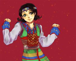 Rule 34 | 1girl, ainu clothes, bad id, bad pixiv id, bgk, brown hair, flipped hair, green eyes, headband, jewelry, necklace, red background, short hair, solo, valkyrie profile (series), yumei (valkyrie profile), yumei (vp)