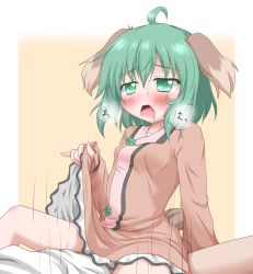 Rule 34 | 1girl, ahoge, animal ears, bad id, bad pixiv id, blush, breasts, brown dress, clothed sex, clothes lift, covered erect nipples, cowgirl position, dress, dress lift, fang, girl on top, green eyes, green hair, hetero, highres, kasodani kyouko, long sleeves, oden (th-inaba), open mouth, petite, saliva, sex, short hair, small breasts, solo focus, straddling, sweat, tail, touhou