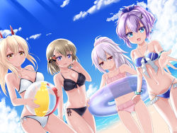 Rule 34 | 4girls, :d, ayanami (azur lane), azur lane, ball, bare arms, bare shoulders, beachball, bikini, black bikini, blonde hair, blue bikini, blue ribbon, blue sky, bow, breasts, brown hair, cleavage, closed mouth, cloud, collarbone, commentary request, cross, day, frilled bikini, frills, hair bow, hair ornament, hair ribbon, hair scrunchie, halterneck, headgear, high ponytail, holding, holding ball, horizon, innertube, iron cross, javelin (azur lane), javelin (beach picnic!) (azur lane), laffey (azur lane), medium breasts, multiple girls, navel, ocean, open mouth, outdoors, outstretched arm, pink bikini, pink scrunchie, ponytail, purple hair, ribbon, scrunchie, side-tie bikini bottom, sidelocks, silver hair, sky, small breasts, smile, striped, striped bow, swim ring, swimsuit, transparent, u2 (5798239), water, white bikini, z23 (azur lane)