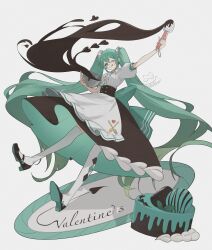 Rule 34 | 1girl, :p, absurdly long hair, absurdres, apron, aqua bow, aqua eyes, aqua hair, arms up, artist name, black skirt, bow, bow skirt, bowl, cake, center frills, chocolate, collared shirt, commentary request, food, frills, hatsune miku, high-waist skirt, highres, holding, holding bowl, holding utensil, large bow, long hair, looking at viewer, maid, mary janes, one eye closed, plate, puffy short sleeves, puffy sleeves, shirt, shoes, short sleeves, signature, simple background, skirt, solo, thighhighs, tongue, tongue out, twintails, very long hair, vocaloid, waist apron, whisk, white apron, white background, white shirt, white thighhighs, yukihira makoto
