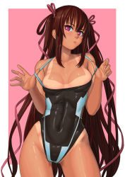 Rule 34 | 00s, 1girl, bare shoulders, blush, breasts, brown hair, clothes pull, competition swimsuit, hair ribbon, highres, lasterk, leotard, long hair, looking at viewer, mizuki yukikaze, one-piece swimsuit, one-piece swimsuit pull, one-piece tan, purple eyes, ribbon, solo, swimsuit, taimanin (series), taimanin asagi, taimanin yukikaze, tan, tanline, very long hair