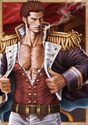 Rule 34 | 1boy, abs, au-ra male, beard, belt, blue eyes, brown hair, cigar, epaulettes, facial hair, fate/grand order, fate (series), jacket, large pectorals, long sideburns, long sleeves, looking to the side, male focus, manly, military, military uniform, muscular, napoleon bonaparte (fate), open clothes, open jacket, open shirt, pants, pectoral cleavage, pectorals, scar, sideburns, simple background, smile, smoke, smoking, solo, uniform, veins, white pants