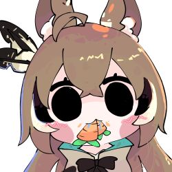 Rule 34 | 1girl, ahoge, animal ear fluff, animal ears, black eyes, blush stickers, brown capelet, brown cloak, brown hair, capelet, carrot, cat ears, chibi, cloak, crossed bangs, eating, feather hair ornament, feathers, food in mouth, hair between eyes, hair ornament, highres, hololive, hololive english, kemonomimi mode, koyoinacho, long hair, looking at viewer, mouth hold, multicolored hair, nanashi mumei, portrait, sidelocks, simple background, smol mumei, solo, straight-on, streaked hair, textless version, virtual youtuber, white background