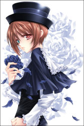 Rule 34 | 00s, 1girl, bad id, bad pixiv id, blue flower, blue rose, blush, brown hair, capelet, floral background, flower, frilled sleeves, frills, from side, green eyes, hat, heterochromia, holding, holding flower, lolita fashion, long sleeves, looking at viewer, moonstone, petals, red eyes, rose, rozen maiden, short hair, solo, souseiseki, white background