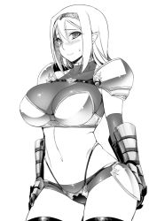 Rule 34 | 1girl, armor, bikini armor, blush, breasts, female focus, greyscale, halterneck, halterneck, large breasts, monochrome, namidame, pointy ears, shoulder pads, simple background, smile, solo, thong