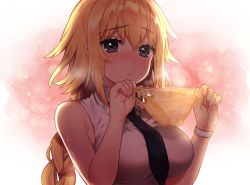 Rule 34 | 1girl, backlighting, blonde hair, blush, bow, breasts, breath, closed mouth, fate/apocrypha, fate (series), hair bow, holding, holding clothes, holding panties, holding underwear, jeanne d&#039;arc (fate), jeanne d&#039;arc (girl from orleans) (fate), jeanne d&#039;arc (ruler) (fate), large breasts, long hair, necktie, panties, purple eyes, sakura yuki (clochette), shirt, sleeveless, sleeveless shirt, solo, sweatdrop, underwear, upper body, very long hair, yellow panties