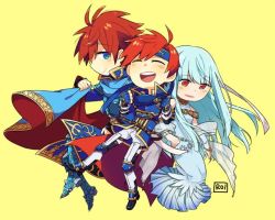 Rule 34 | 1girl, 2boys, armor, bare shoulders, blue eyes, blue hair, cape, chibi, dress, eliwood (fire emblem), closed eyes, father and son, fire emblem, fire emblem: the binding blade, fire emblem: the blazing blade, fire emblem heroes, hair ornament, long hair, looking at viewer, mother and son, multiple boys, ninian, nintendo, open mouth, red eyes, red hair, roirence, roy (fire emblem), short hair, silver hair, smile