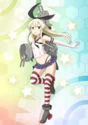 Rule 34 | 10s, 1girl, 1mm, anchor, anchor hair ornament, bare shoulders, black panties, blonde hair, boots, elbow gloves, gloves, grey footwear, hair ornament, hairband, high heel boots, high heels, kantai collection, long hair, midriff, miniskirt, navel, panties, patterned legwear, personification, red &amp; white, rensouhou-chan, shimakaze (kancolle), skirt, solo, star (symbol), striped clothes, striped thighhighs, thighhighs, two-tone stripes, underwear, white gloves