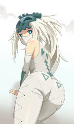 Rule 34 | 1girl, all fours, aqua eyes, ass, bare shoulders, bibido, blue eyes, body blush, bodysuit, breasts, bridal gauntlets, cowboy shot, from behind, frown, gradient background, hair ornament, high ponytail, highres, long hair, looking at viewer, looking back, mask, mouth mask, pantylines, ponytail, sidelocks, skull, skull-shaped pupils, skull hair ornament, small breasts, solo, sram, symbol-shaped pupils, unitard, wakfu, white hair