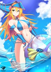 Rule 34 | 1girl, absurdres, bare shoulders, bikini, blonde hair, blue bikini, breasts, cleavage, dark magician girl, gauntlets, green eyes, helmet, highres, inflatable toy, kaos art, large breasts, looking at viewer, magical girl, navel, outdoors, riding, smile, solo, straddling, swimsuit, thighs, yu-gi-oh!