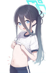 Rule 34 | 1girl, aris (blue archive), black hair, blue archive, blue eyes, blue pants, blush, check commentary, clothes lift, commentary request, flat chest, hair between eyes, halo, highres, lifting own clothes, long hair, long hair between eyes, looking at viewer, navel, notice lines, open mouth, pants, pomu (sonkim38792391), rectangular halo, shirt, shirt lift, short sleeves, side ponytail, sidelocks, smile, solo, stomach, t-shirt, white background, white shirt
