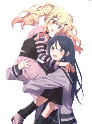 Rule 34 | 2girls, black choker, black eyes, black hair, black socks, blonde hair, carrying, carrying person, chain, choker, cocov, commentary request, dot nose, fingernails, gradient hair, hair ornament, hairpin, highres, hoshino ichika (project sekai), jewelry, korean commentary, long hair, long sleeves, looking at another, multicolored hair, multiple girls, necklace, no seek no find (project sekai), official alternate costume, open mouth, pink eyes, pink hair, project sekai, sidelocks, simple background, smile, socks, star (symbol), star hair ornament, tenma saki, twintails, upper body, white background