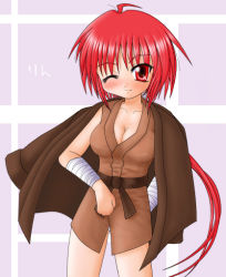 Rule 34 | 00s, 1girl, ahoge, belt, breasts, cape, cleavage, collarbone, cowboy shot, gho, large breasts, looking at viewer, nagasarete airantou, red eyes, red hair, rin (nagasarete airantou), solo, standing