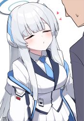 Rule 34 | 1boy, 1girl, artist name, blue archive, blue necktie, blush, breasts, closed eyes, collared shirt, dated, formal, grey hair, halo, heart, highres, jacket, large breasts, long hair, mechanical halo, myeolchi, necktie, noa (blue archive), open clothes, open jacket, pleated skirt, shirt, signature, simple background, skirt, suit, two-sided fabric, two-sided jacket, white background, white jacket, white shirt, white skirt