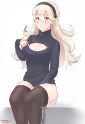 Rule 34 | 1girl, absurdres, blush, breasts, cleavage, cleavage cutout, clothing cutout, corrin (female) (fire emblem), corrin (fire emblem), dress, fire emblem, fire emblem fates, highres, large breasts, long hair, looking at viewer, meme attire, naked sweater, nintendo, open-chest sweater, pointy ears, red eyes, ribbed sweater, sarukaiwolf, simple background, smile, solo, sweater, sweater dress, turtleneck, turtleneck sweater, white background