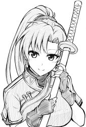 Rule 34 | 1girl, breasts, closed mouth, earrings, eyelashes, fingerless gloves, fire emblem, fire emblem: the blazing blade, gloves, holding, holding sword, holding weapon, jewelry, katana, large breasts, long hair, looking at viewer, lyn (fire emblem), monochrome, nintendo, ponytail, short sleeves, simple background, smile, solo, sword, ten (tenchan man), upper body, weapon, white background