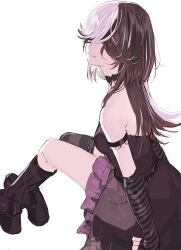 Rule 34 | 1girl, absurdres, alternate hairstyle, arm strap, arm warmers, black choker, black dress, black footwear, black hair, boots, choker, covered eyes, dress, hair over eyes, highres, hololive, hololive english, long hair, multicolored hair, pako (pakosun), platform boots, platform footwear, shiori novella, shiori novella (1st costume), single thighhigh, sitting, smile, socks, solo, split-color hair, streaked hair, striped arm warmers, striped clothes, striped socks, thighhighs, two-tone hair, virtual youtuber, white background, white hair