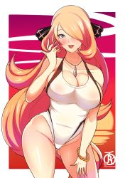 Rule 34 | 1girl, absurdres, blonde hair, breasts, brown eyes, commentary request, cowboy shot, creatures (company), curvy, cynthia (pokemon), game freak, hair over one eye, hand in own hair, highres, large breasts, lips, long hair, looking at viewer, nintendo, one-piece swimsuit, parted lips, pokemon, pokemon dppt, revolverwing, solo, standing, swimsuit, thick thighs, thighs, very long hair, wide hips, yellow eyes